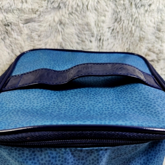 Estee Lauder Cosmetic Bag, Blue Dotted Canvas Upright Cube Makeup Travel Case - Picture 3 of 11